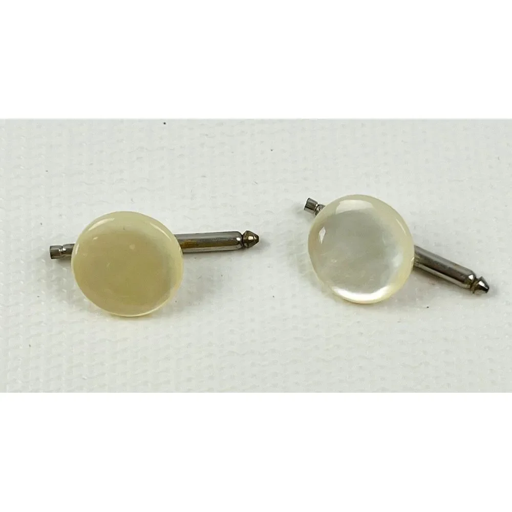 Vintage Men's Round Pearly White Button Toggle Cufflinks Cuff Links  .50
